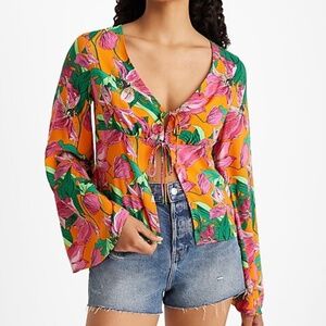 Express Floral V-neck Kimono Sleeve Double Tie Front Top